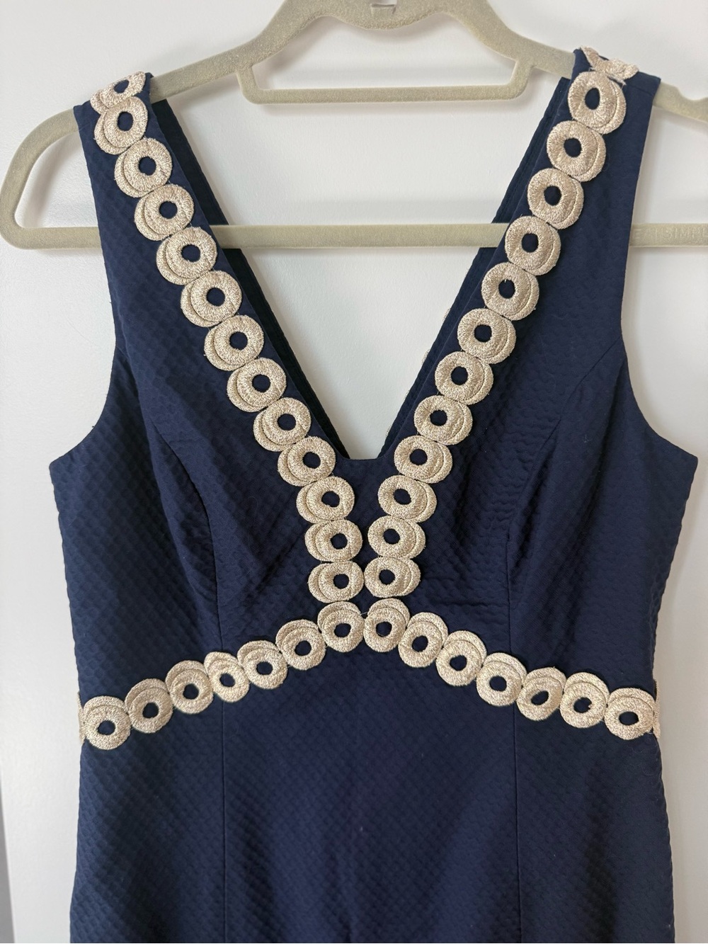 Lilly Pulitzer True Navy Esme Shift Dress metallic gold embroidered trim